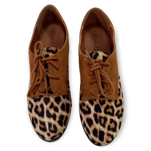 Qupid Girl's Brown Black Suede Leopard Print Lace Up Low Top Oxford Shoes Size 6 - Picture 3 of 10